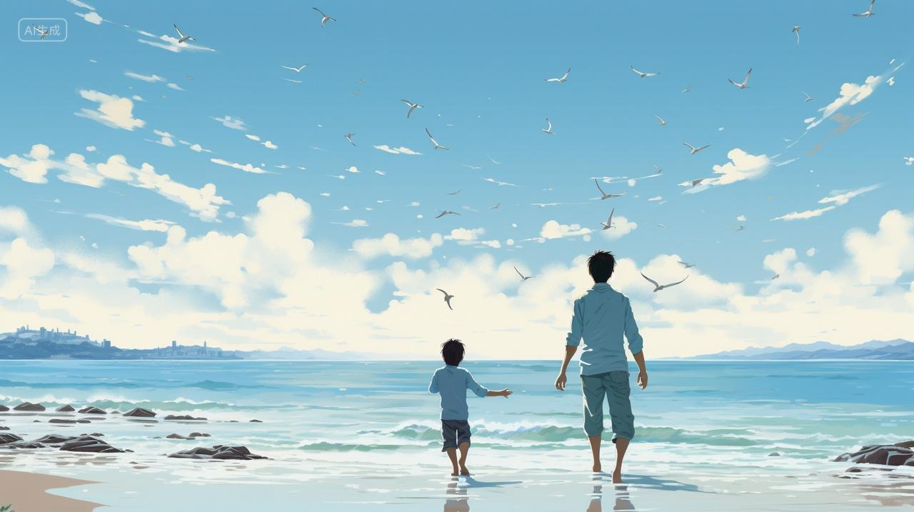 父子玩水海鸥背影背景春天海天空云看海感恩节父爱