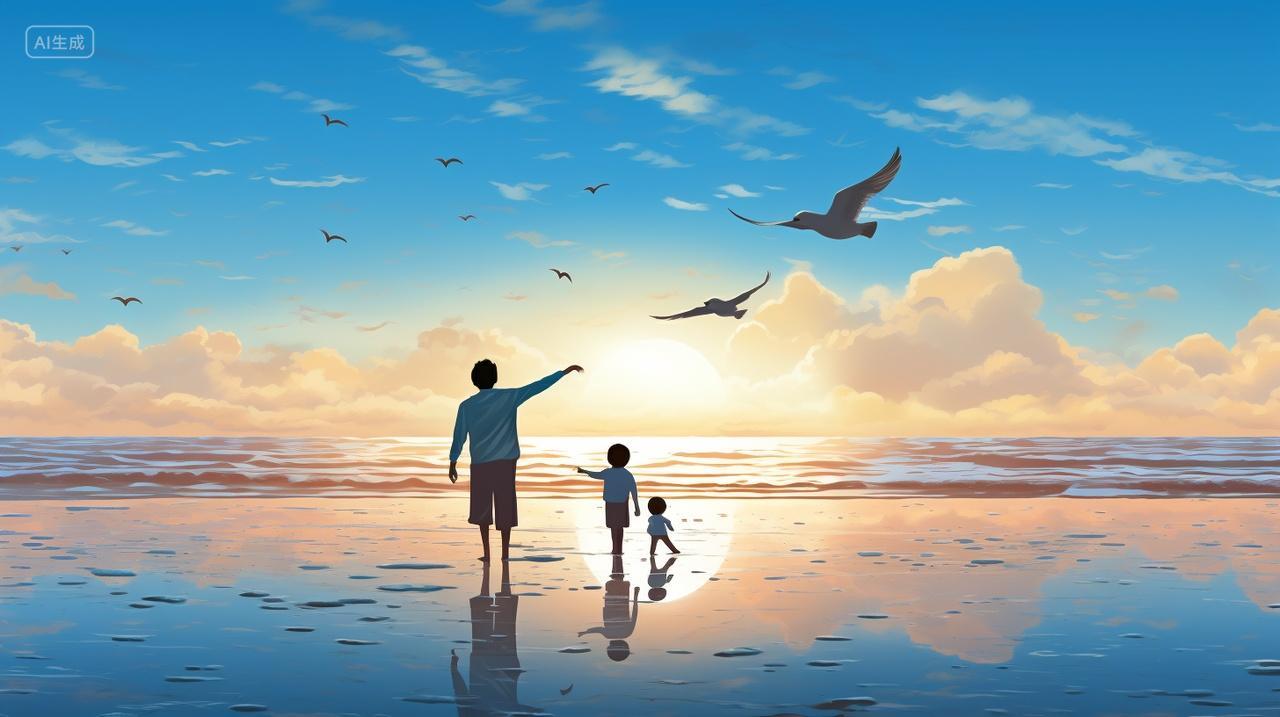 父子夕阳海鸥背影背景春天海天空云