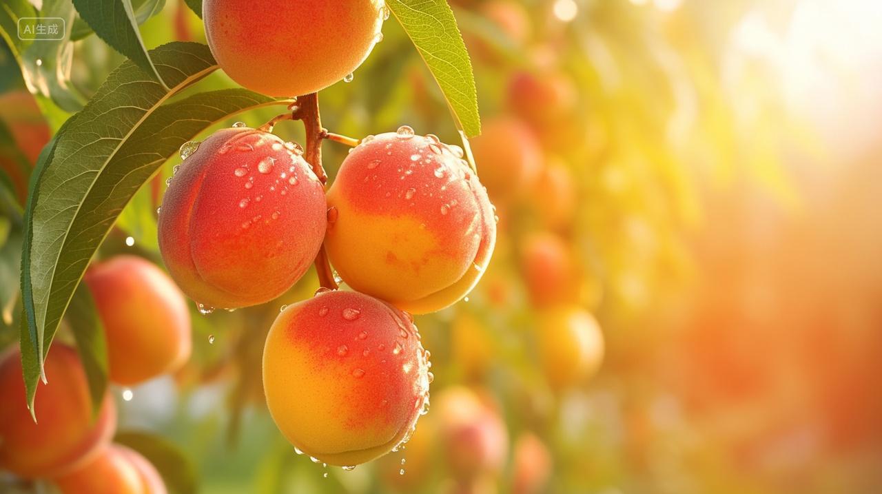 新鲜水果阳光下带着露珠的桃子特写