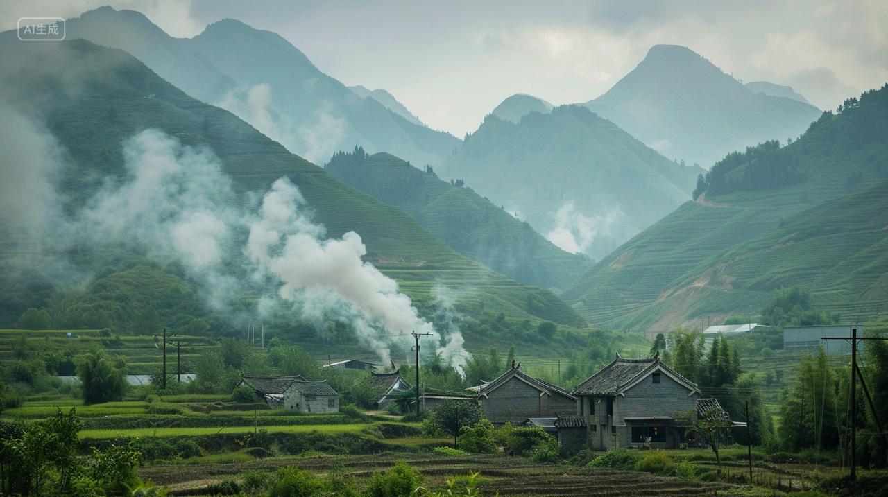 大山深处的村落农舍炊烟田野风景背景