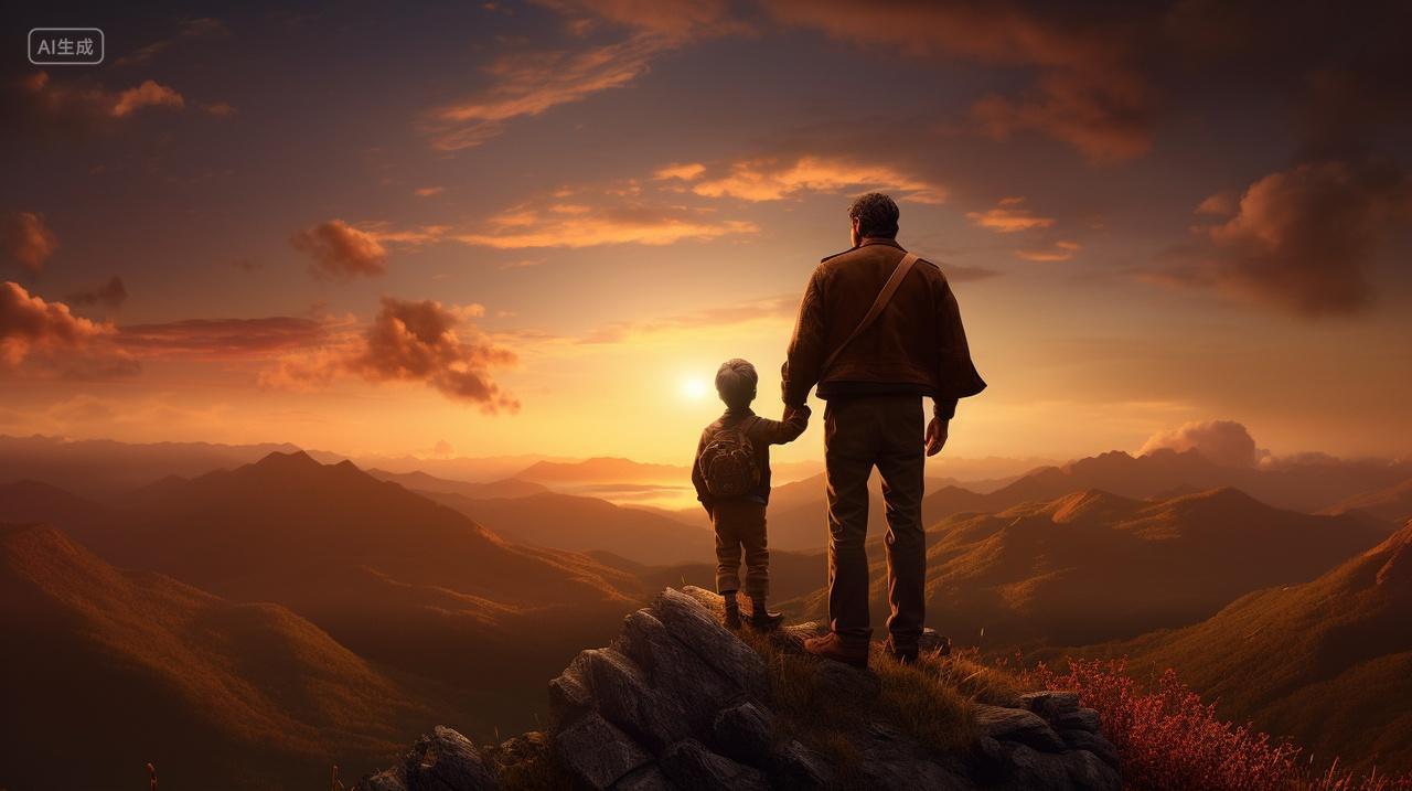父亲节父子登山看日落父爱亲情