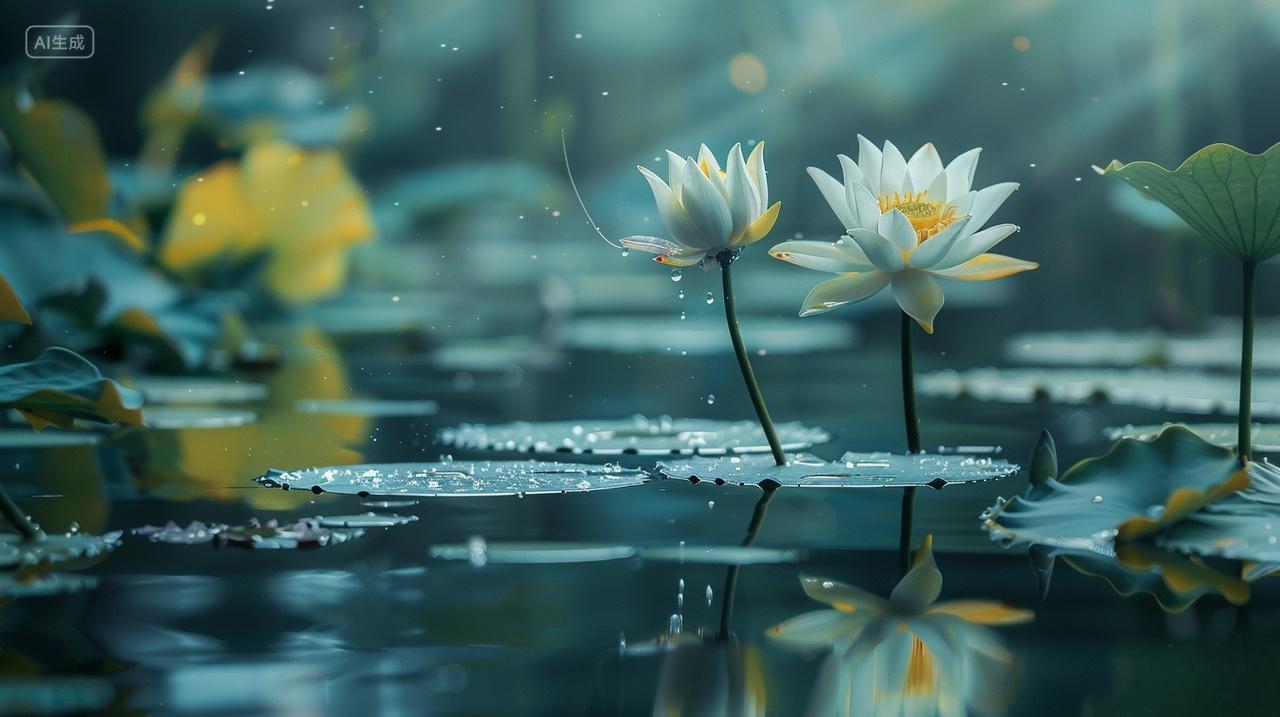 夏至二十四节气夏天夏季荷塘里盛开的荷花荷叶荷塘风景背景