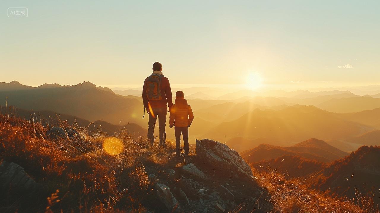 父亲节父子登山仰望太阳升起父爱教育