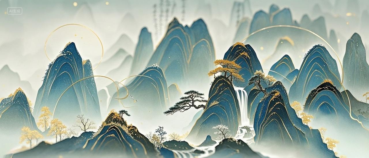 九寨沟风山水水墨国潮宽屏风景图