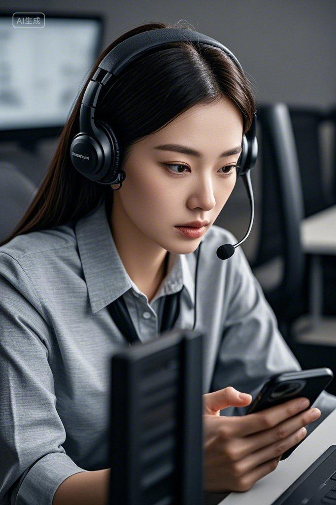 职场人物精英女性电脑旁客服手拿手机头戴耳机打电话摄影
