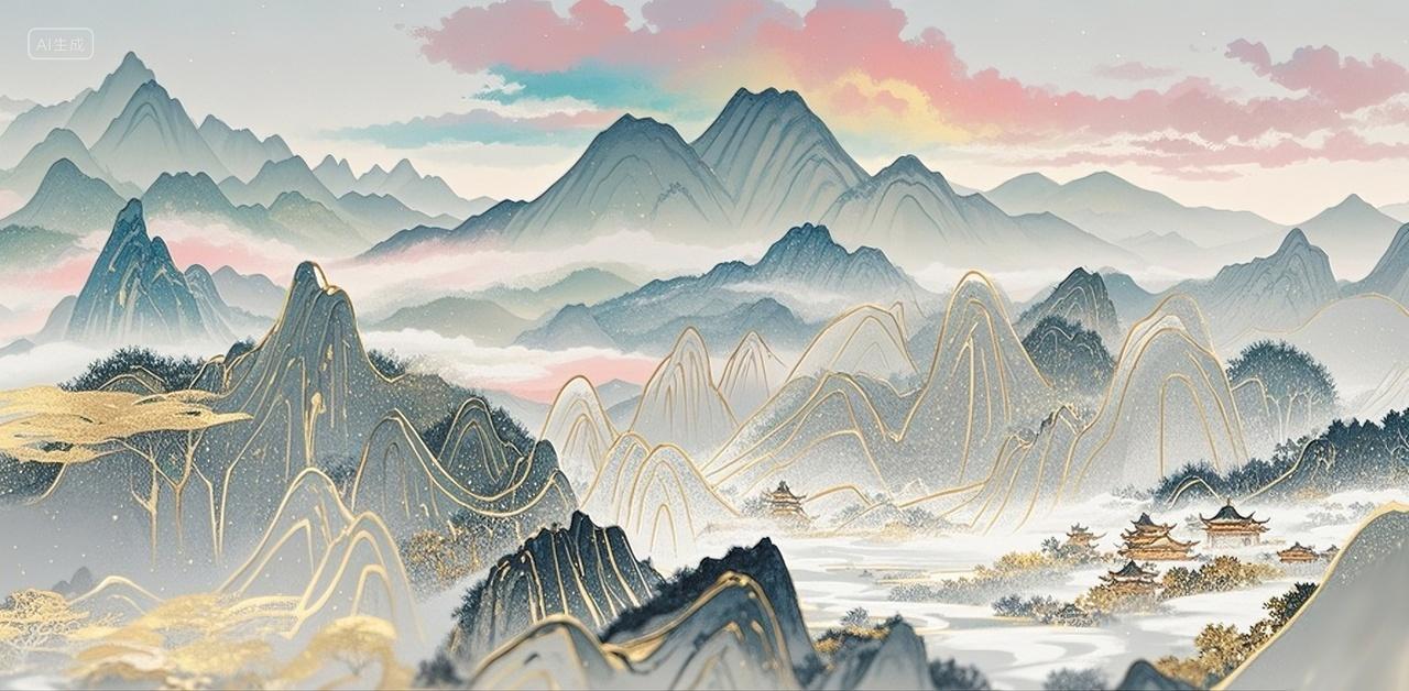 众山小中国国画水墨山水图金边背景摄影特写场景