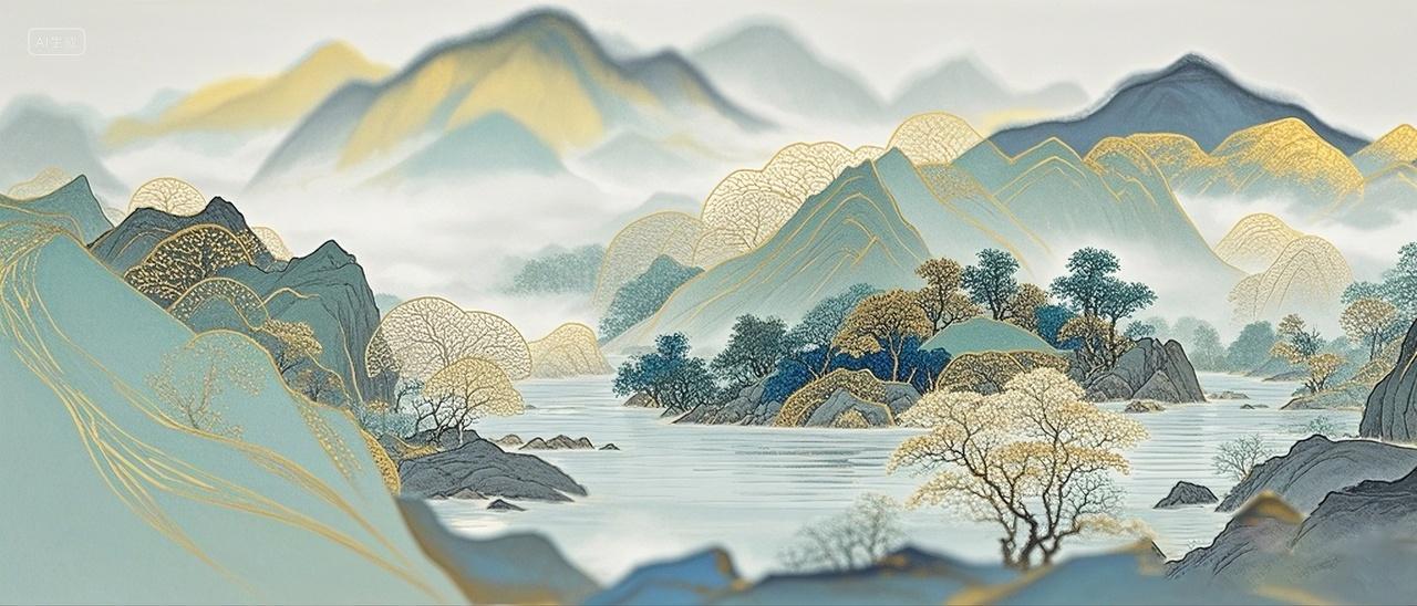 中国国画水墨山水图金边背景摄影特写场景