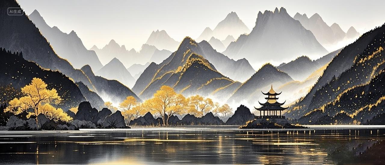 金箔古寺中国国画水墨山水图金边背景摄影特写场景