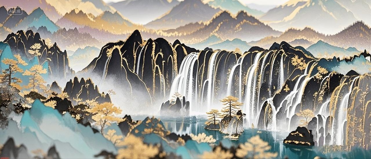 瀑布中国国画水墨山水图金边背景摄影特写场景
