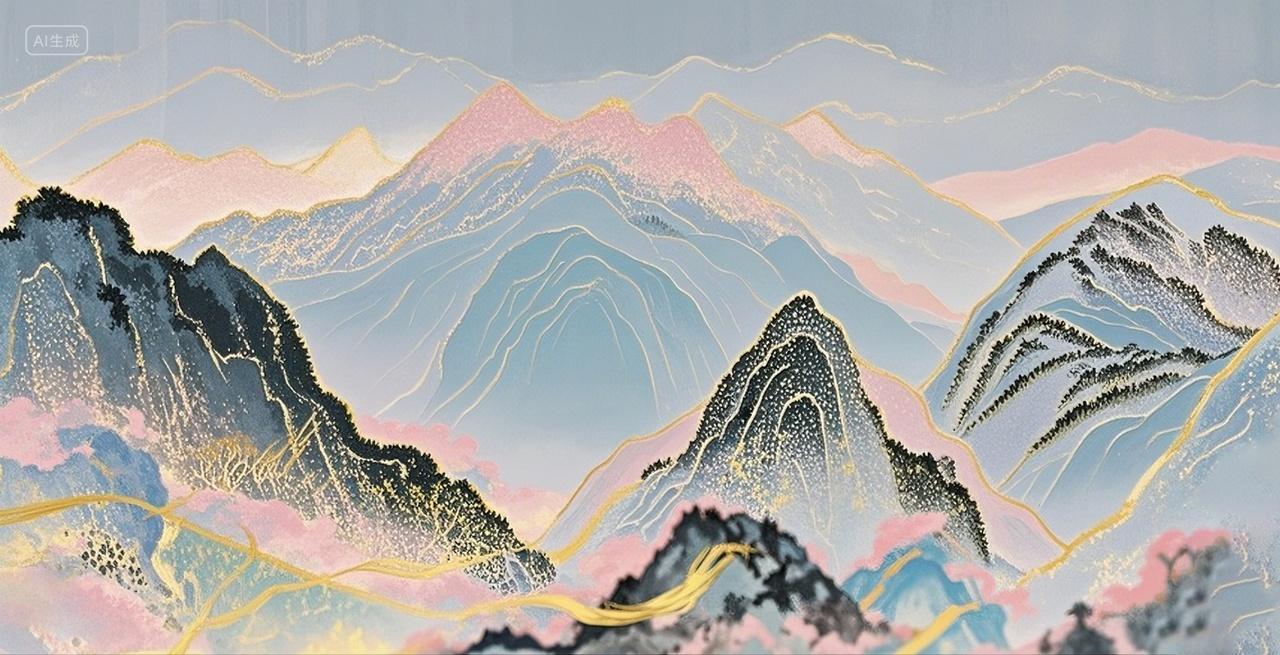 粉彩中国国画水墨山水图金边背景摄影特写场景