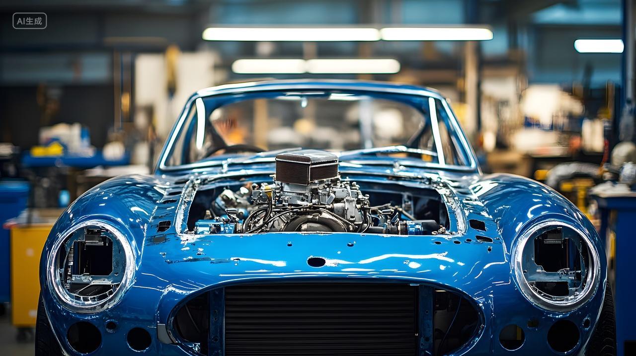 科技技术科技感功能性单体UV涂料工业产品图蓝色汽车组装车间场景