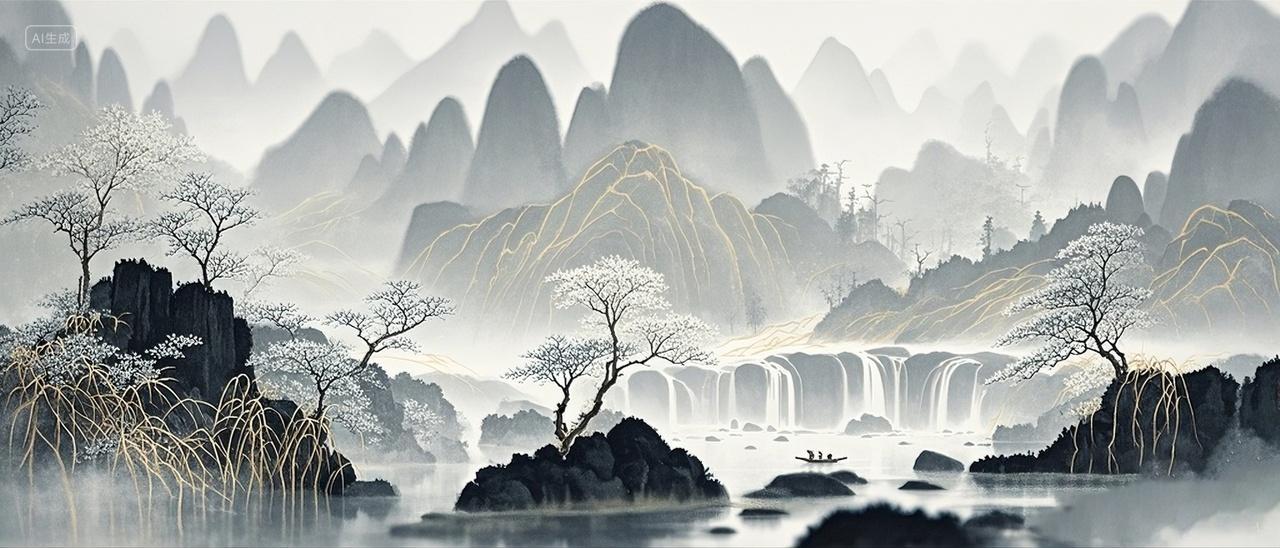 水墨水粉水彩桂林山水山峦美景摄影特写场景