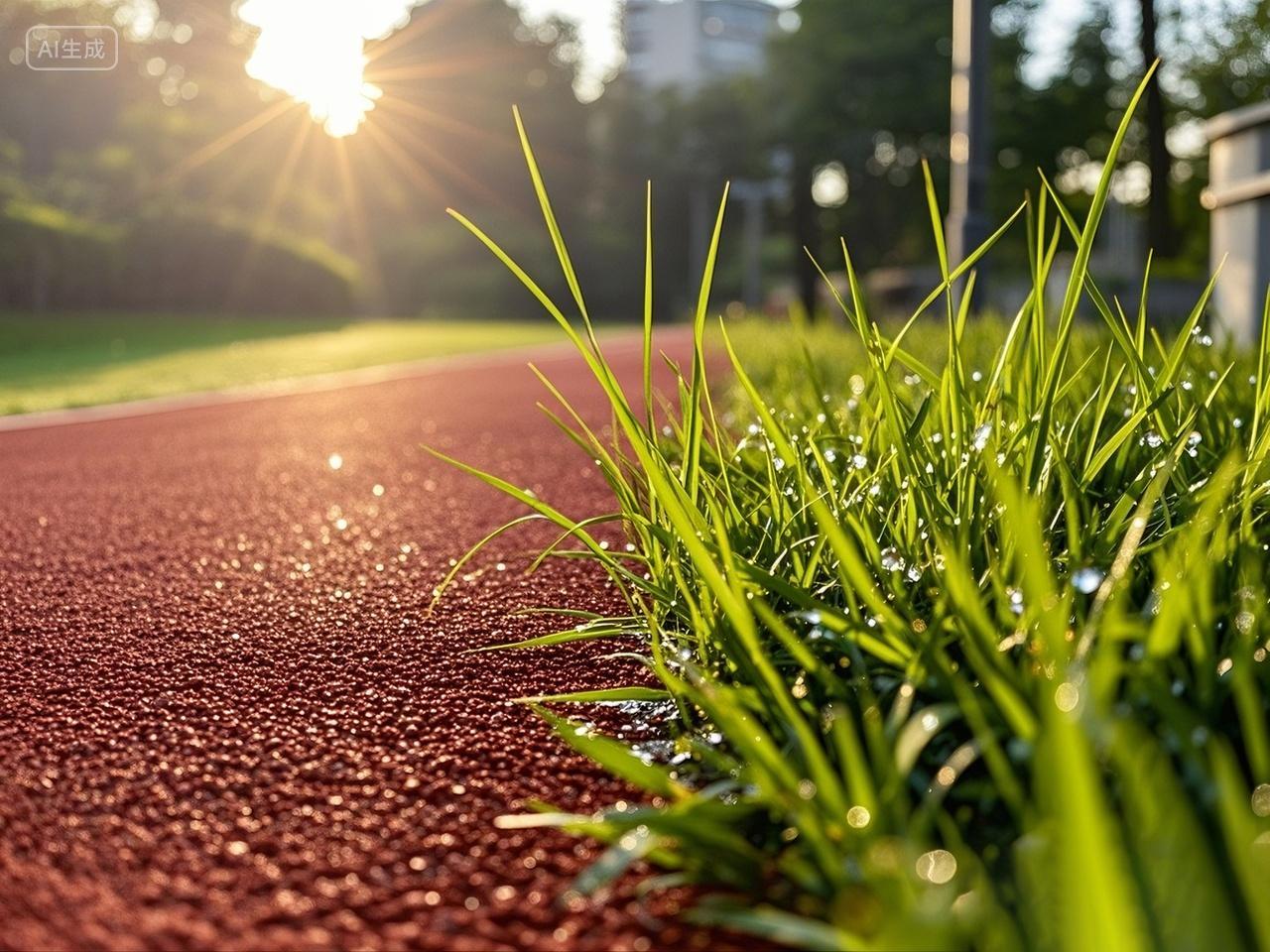 草地红色塑胶跑道暖阳下背景摄影特写场景