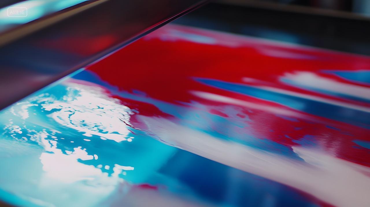 科技技术科技感功能性单体UV油墨工业产品图红蓝色印刷工艺动态特写