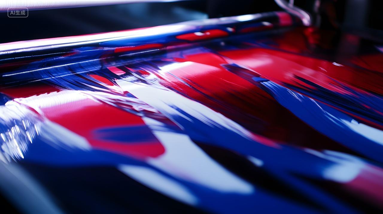 科技技术科技感功能性单体UV油墨工业产品图红蓝交织印刷涂层动态特写