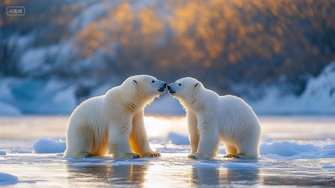 野外极寒动物两只北极熊在冰面上玩耍