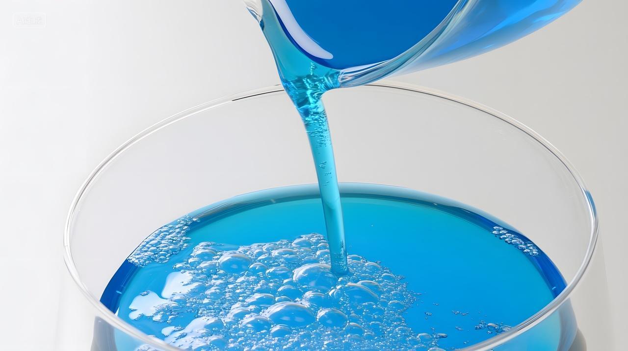 功能性单体交联剂工业产品图蓝色液体倒入透明容器场景