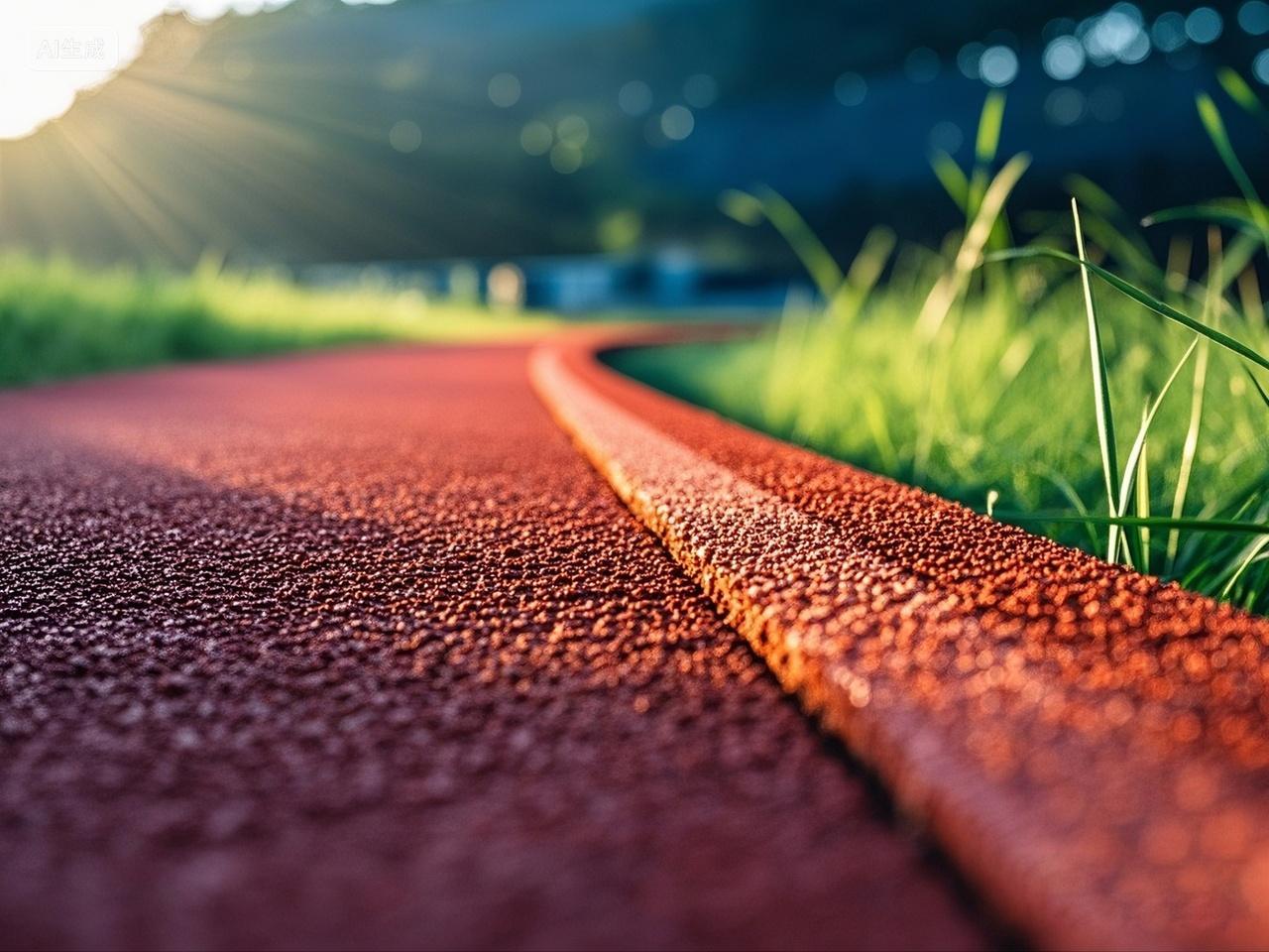 红色塑胶跑道草地边暖阳下背景摄影特写场景