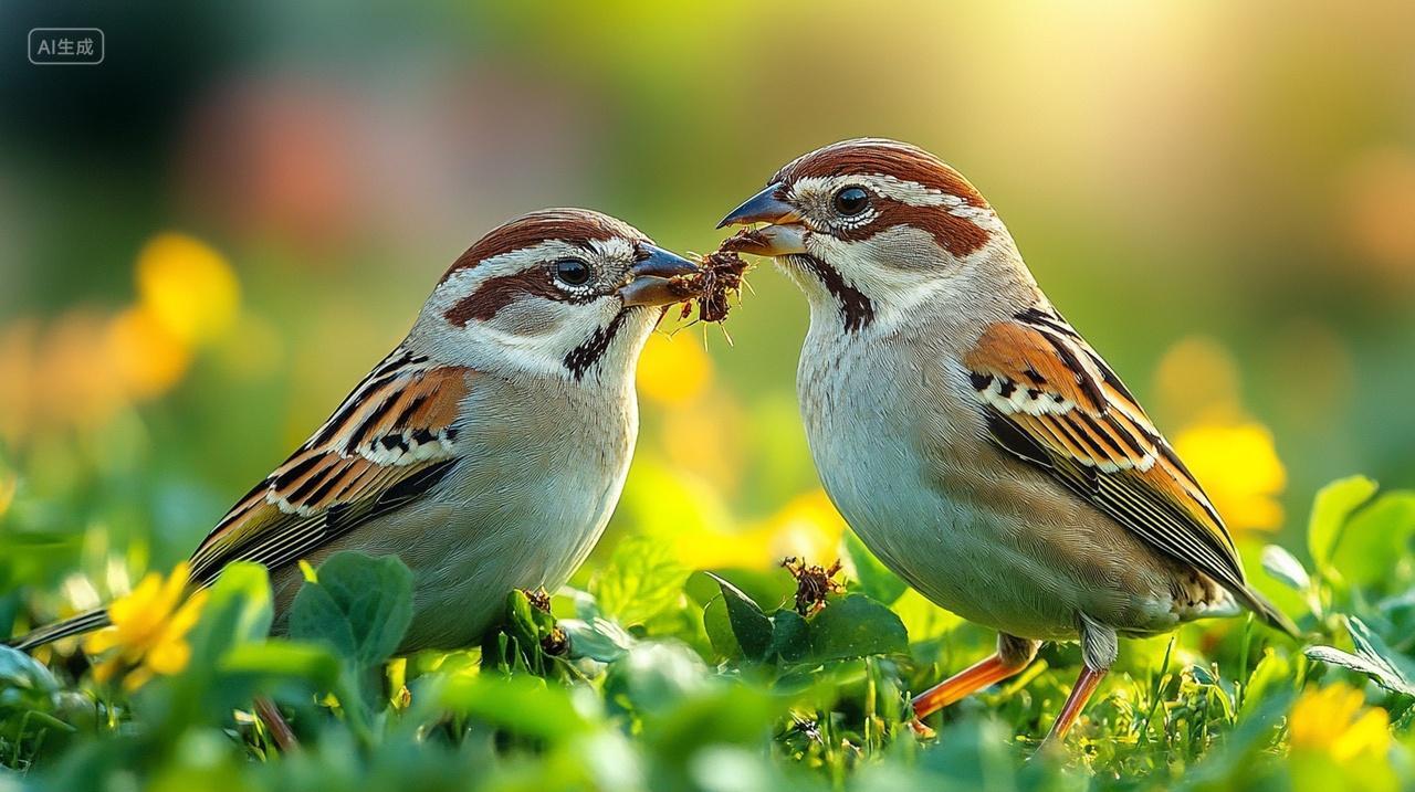 动物两只麻雀正在进食
