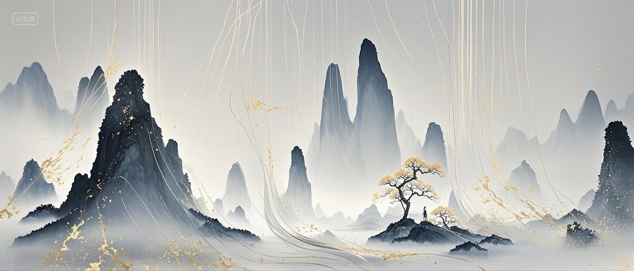 桂林中国国画水墨山水图金边背景摄影特写场景