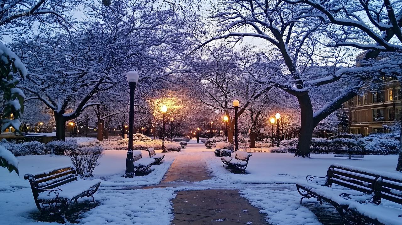 冬天雪景中的城市公园灯光温暖夜色