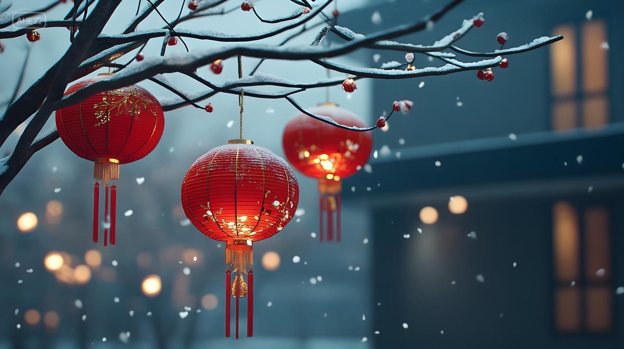 冬天雪景中树枝挂满红灯笼的新年节日气氛