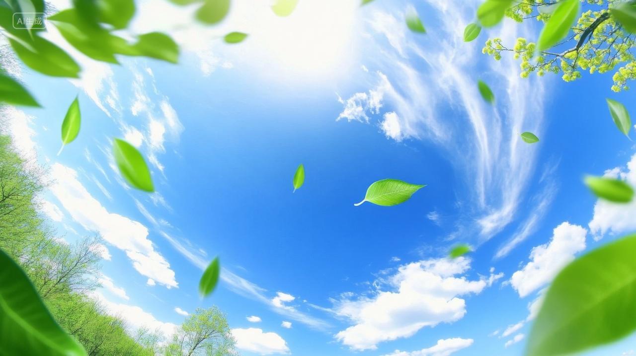 夏至蓝天白云绿叶飞舞清新壁纸背景图