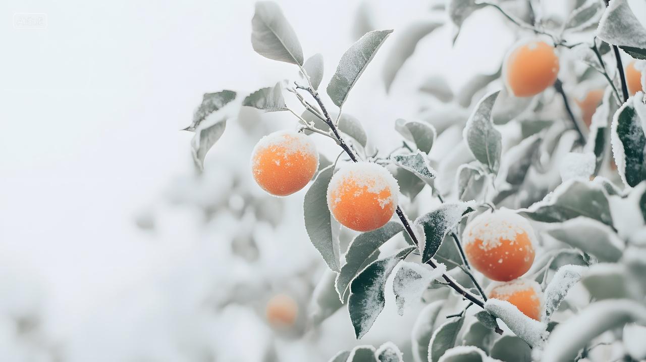 冬天雪景中覆盖白雪的橙子树宁静美丽