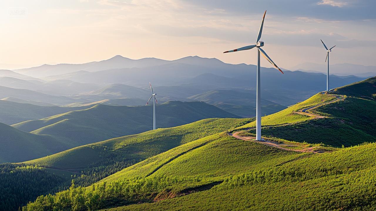 绿色山丘风力发电机新能源绿色发展