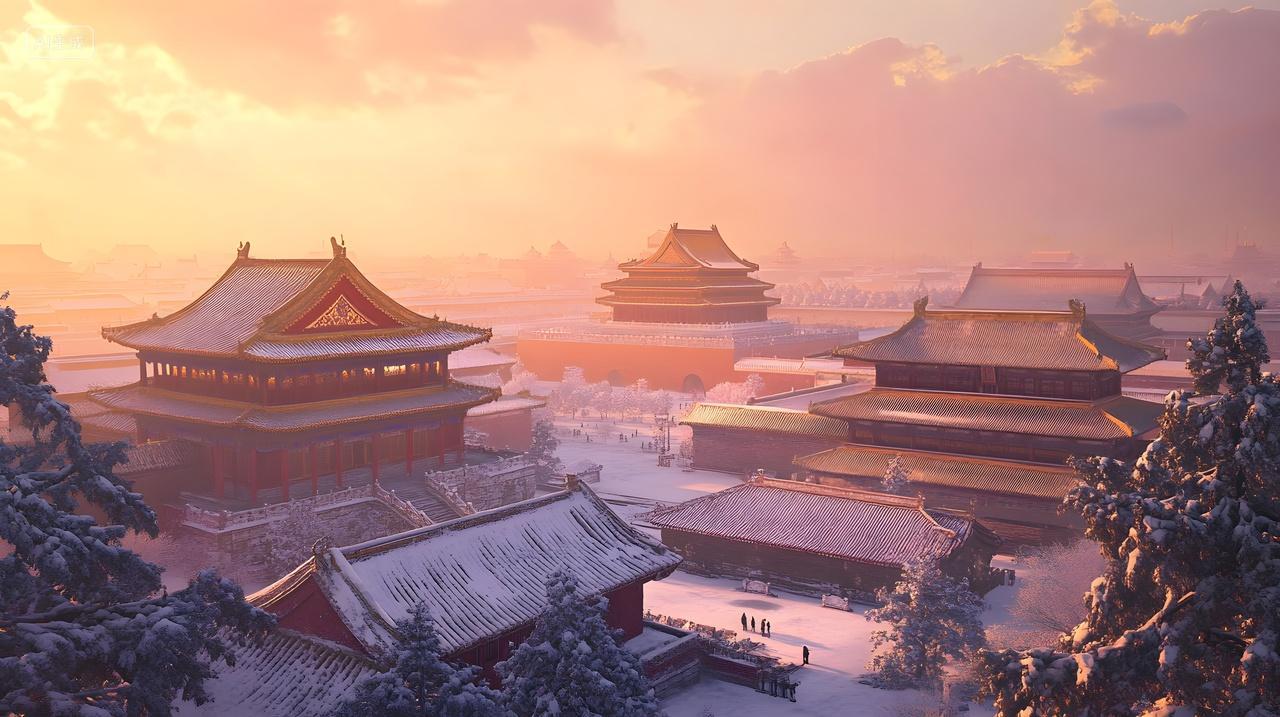 冬天夕阳映照下雪景中的古建筑群宁静祥和