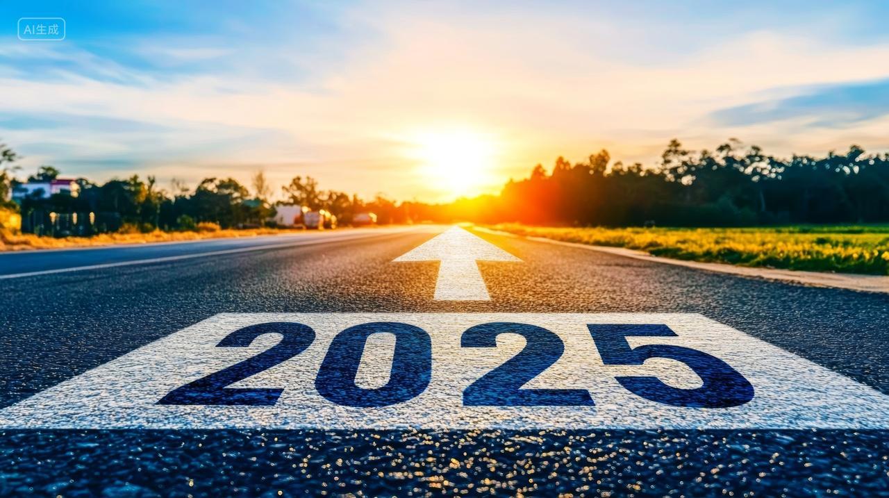 年终总结逆光拍摄柏油路上通往2025年新年前进的道路