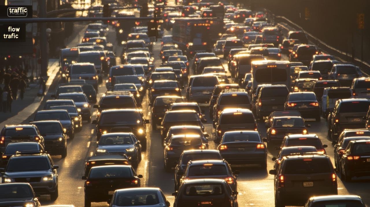 夕阳下的城市交通拥挤上下班晚高峰城市生活