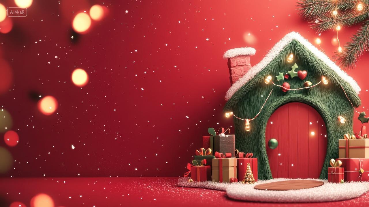 红色背景上的圣诞节小屋
