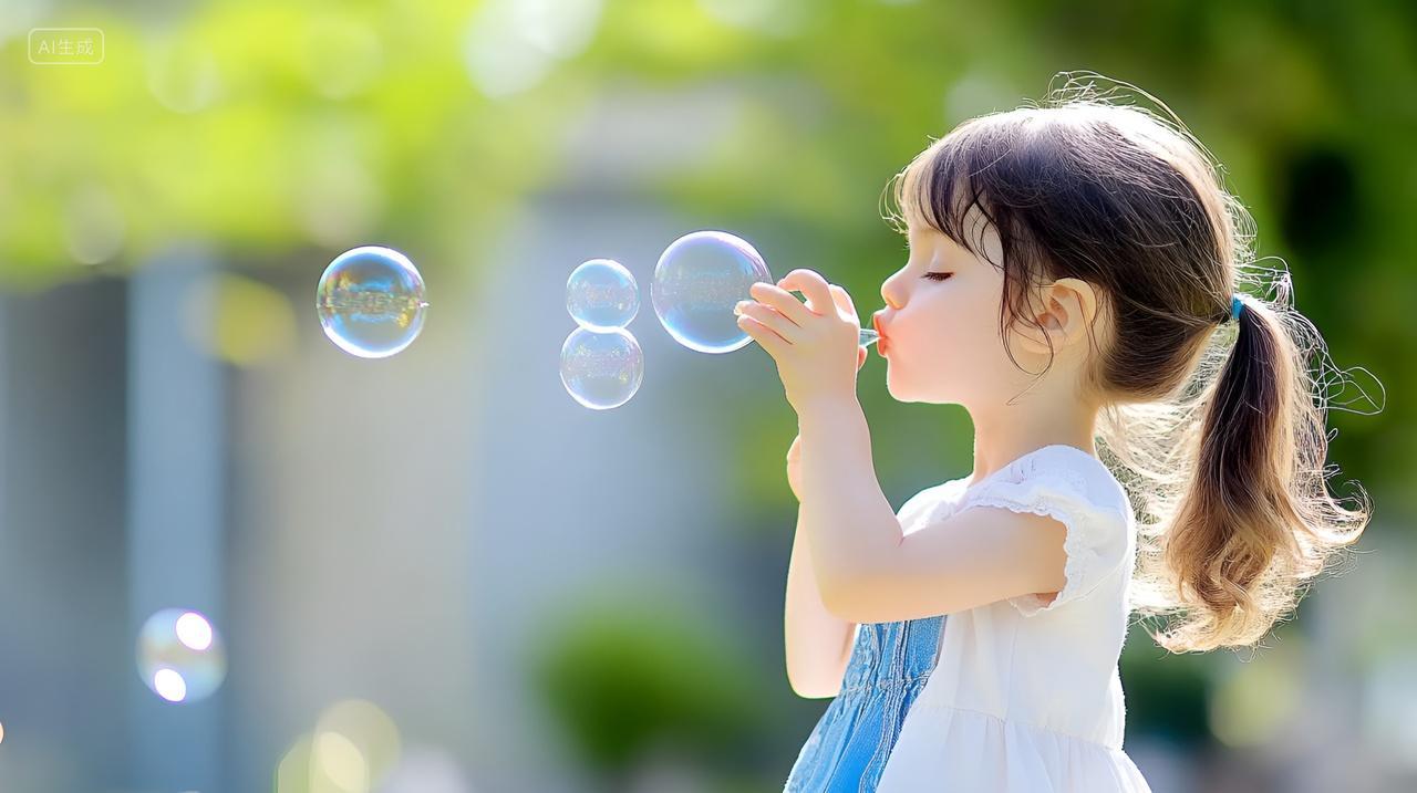 吹泡泡的小女孩户外康乐时光童真幸福生活