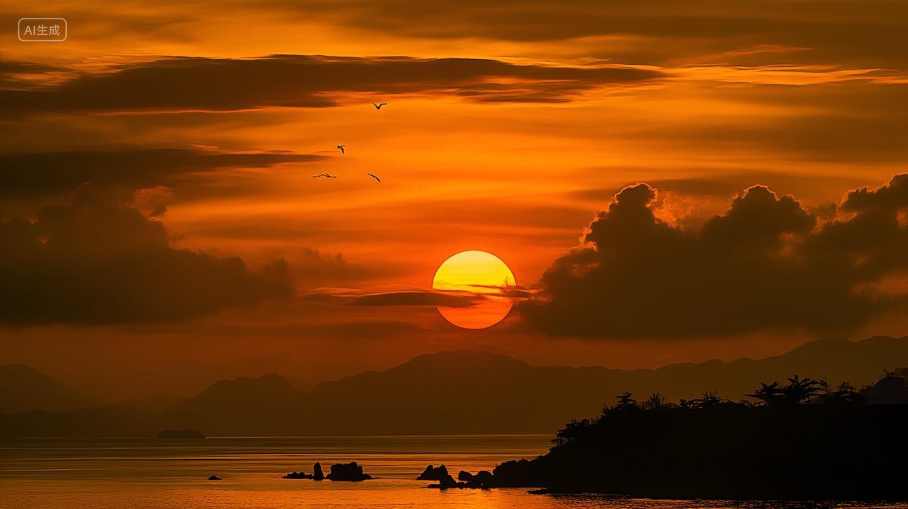 海边日落夕阳朝霞沙滩景观夕阳黄昏美景旅游景点