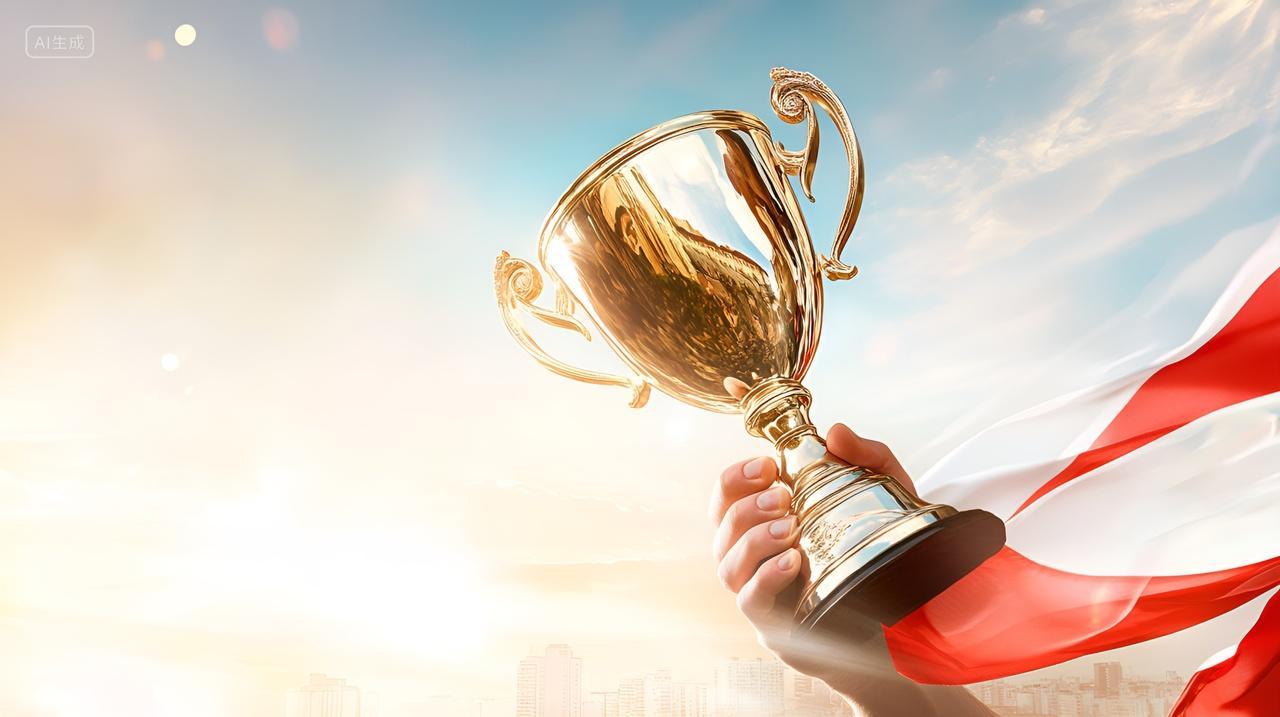 金奖杯颁奖典礼背景冠军辉煌成就飘扬企业年会励志文化拼搏努力获得奖杯背景图