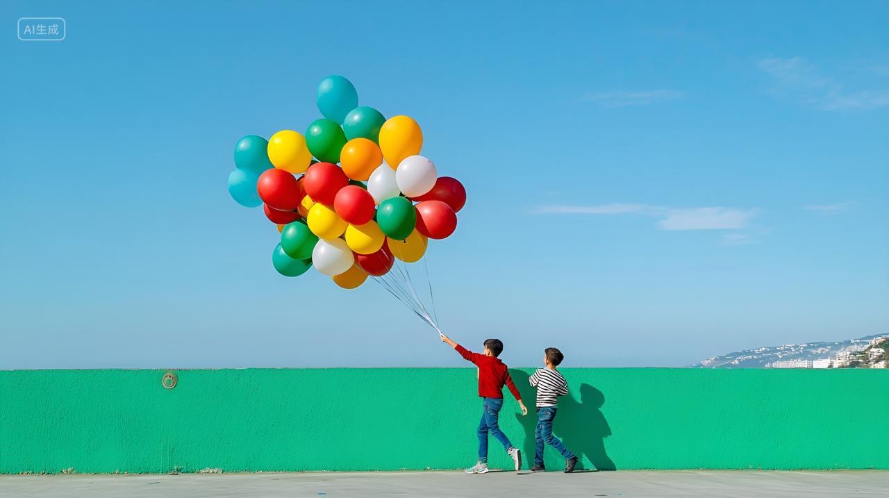 两个孩子手牵手放飞梦想多彩气球童年童趣