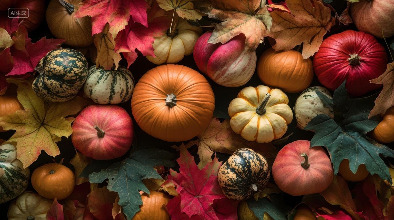 秋季丰收的南瓜与枫叶