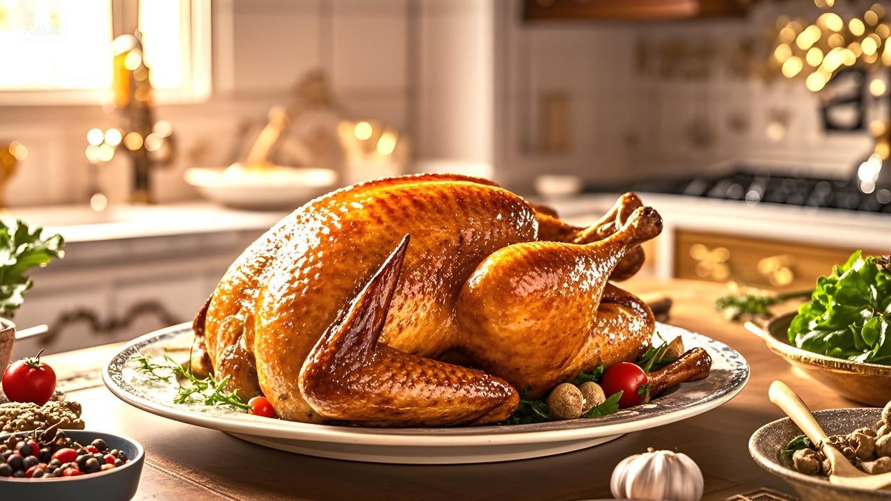 烤火鸡制造过程感恩季晚餐美食照片