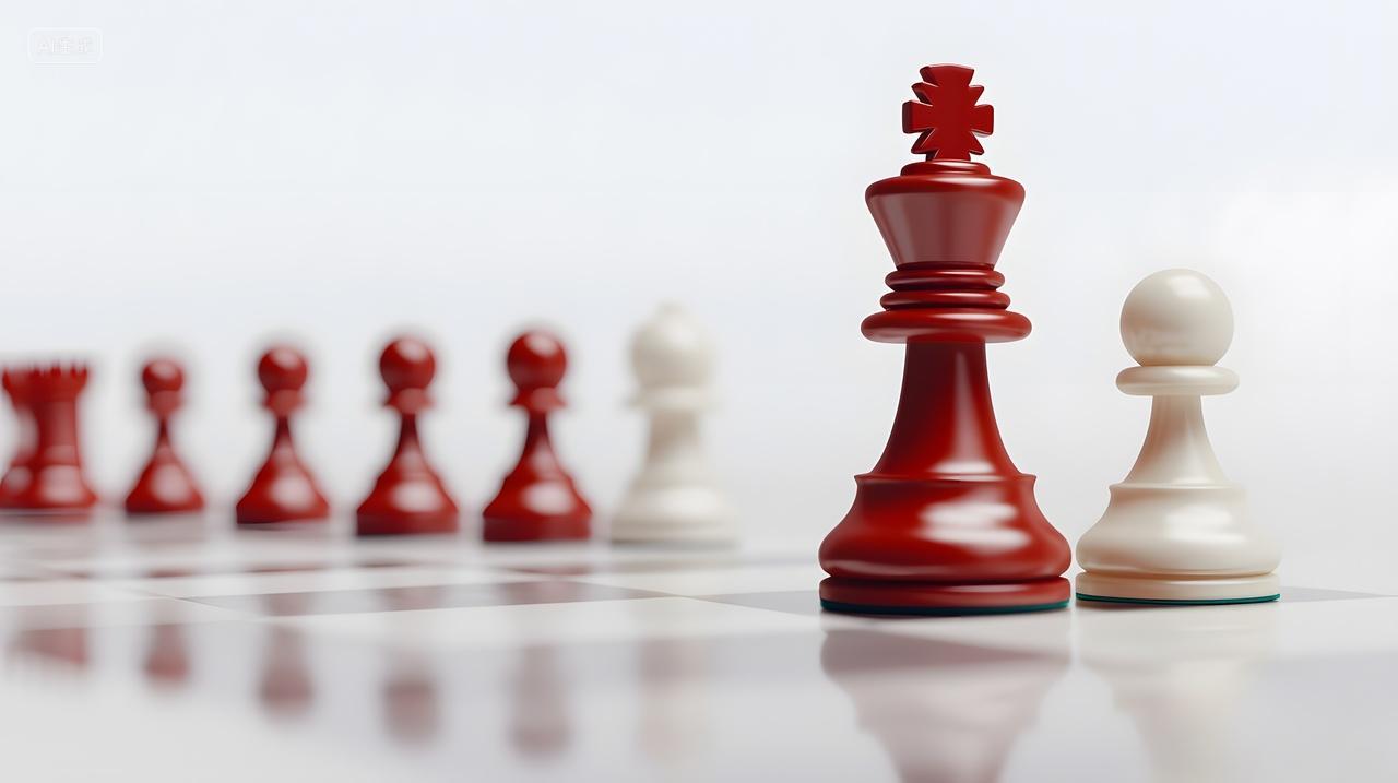 商务博弈棋子特写镜头：红色国王和白色棋子