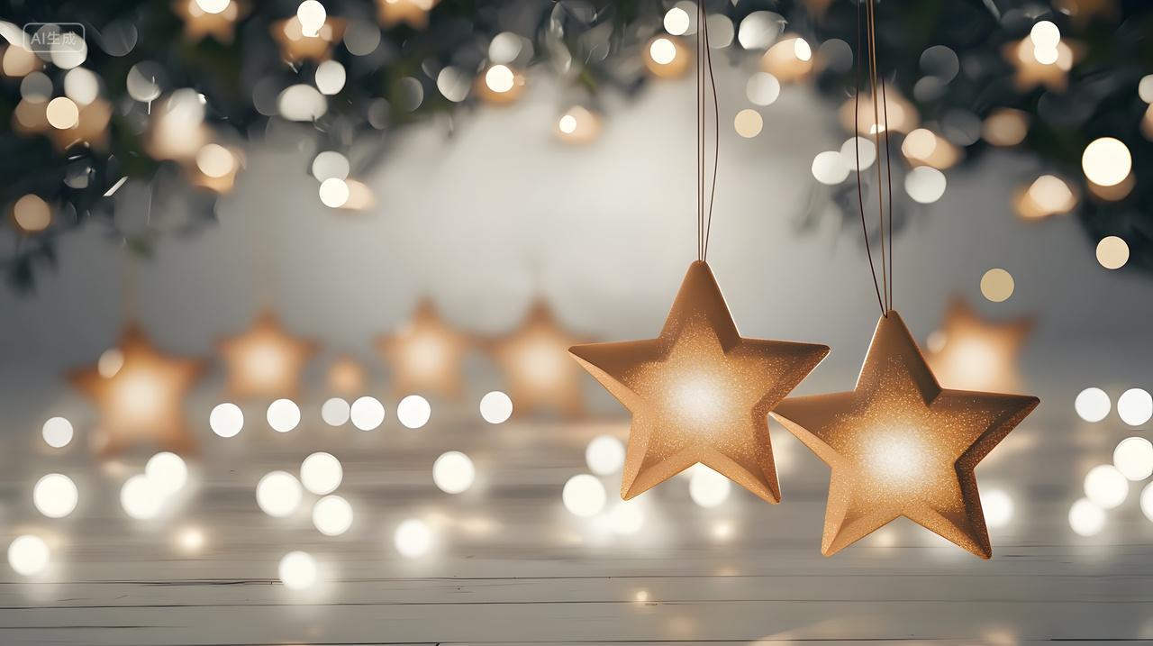 悬挂星形饰品配以柔和散景灯