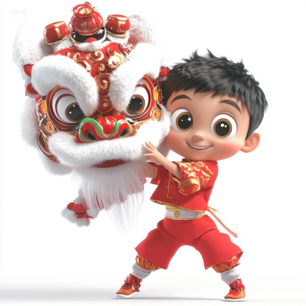 舞狮的萌娃3D卡通