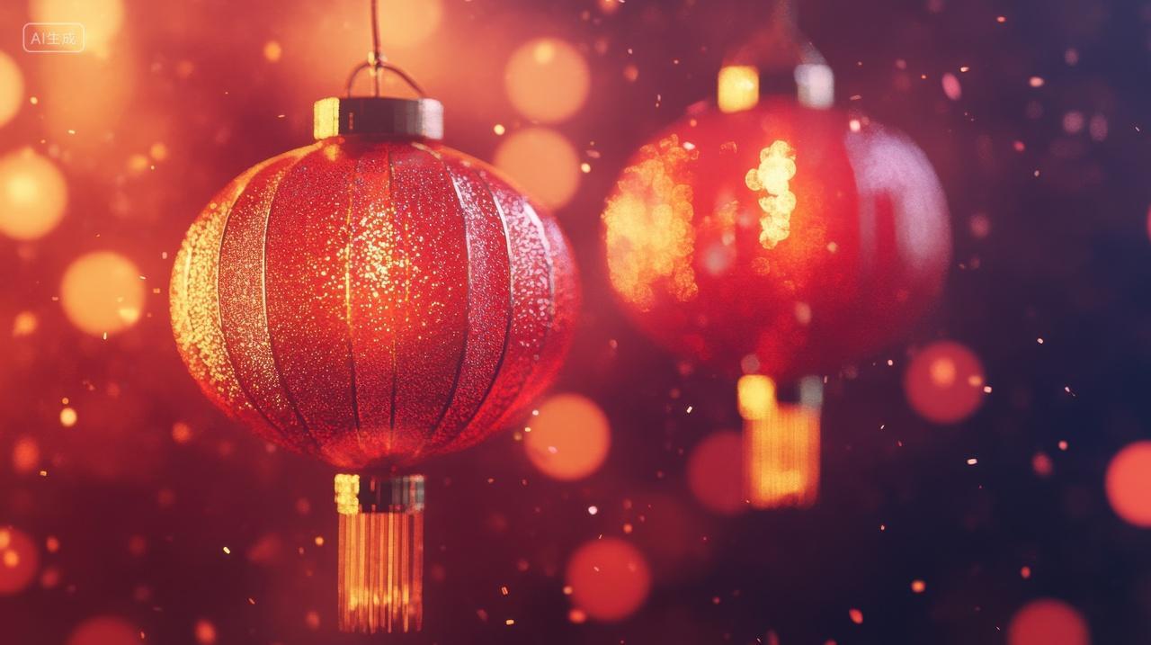 梦幻光斑中的红色中国灯笼