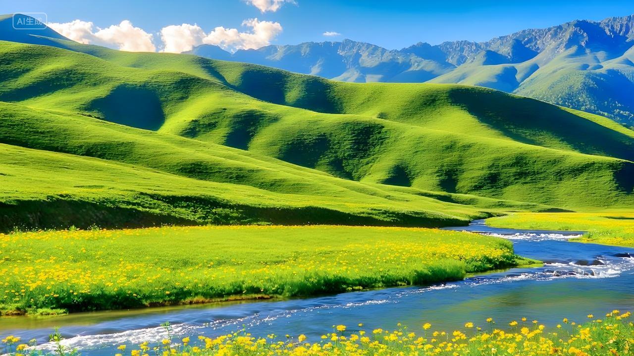 一遍青山绿水山坡绿色小山峰美丽的大自然风景画