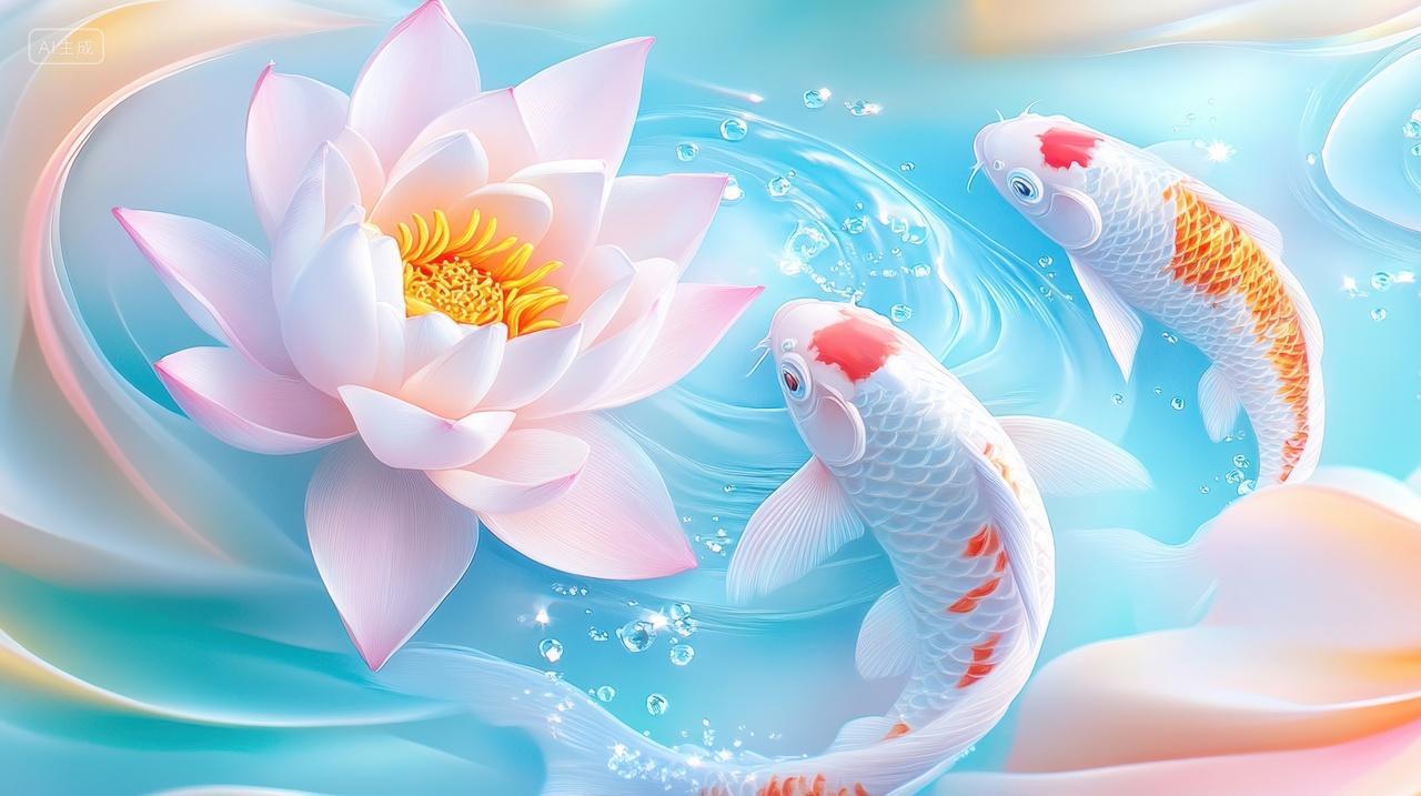 水中盛开的莲花与锦鲤