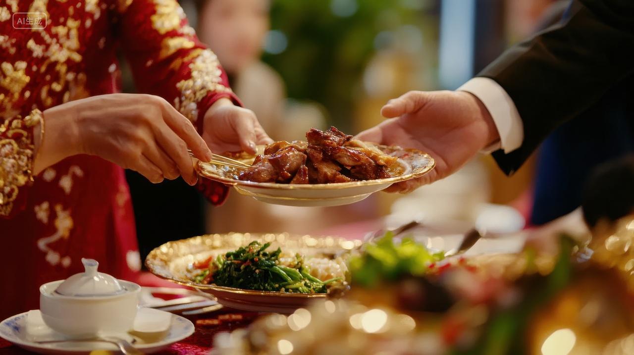 中式婚礼宴席上服务员正在上菜