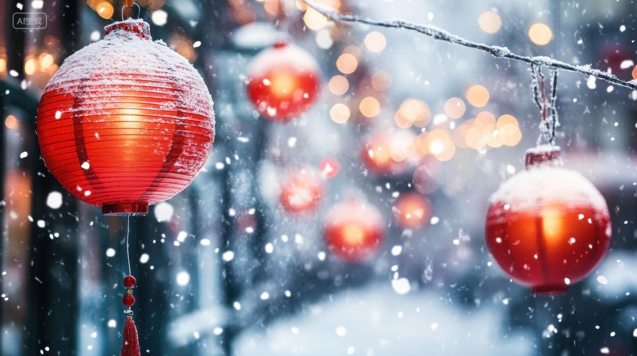 冬天雪后街道上落满积雪的中国风灯笼