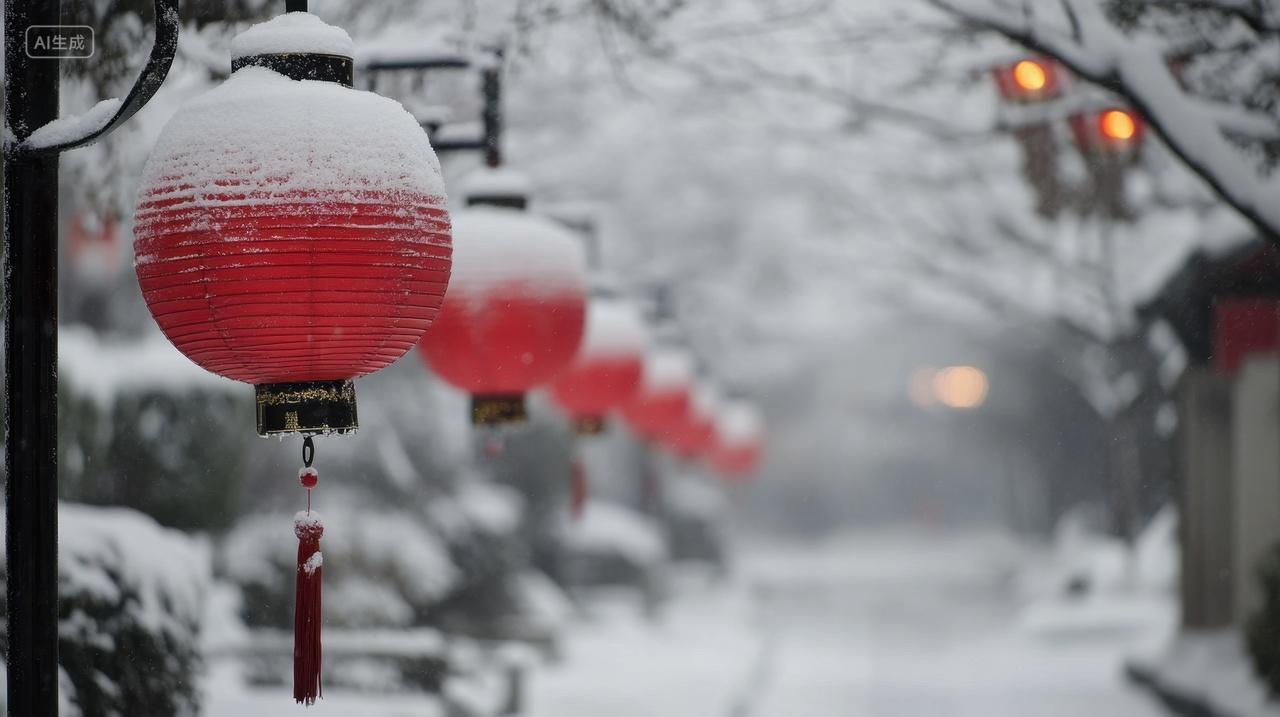 冬天雪后街道上落满积雪的中国风灯笼