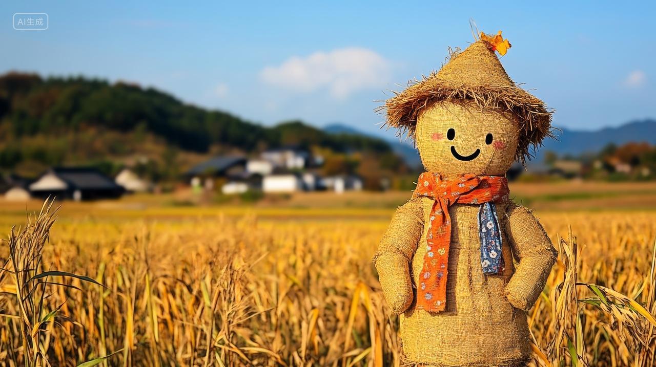 田园风光稻田里的稻草人微笑秋天秋收乡村