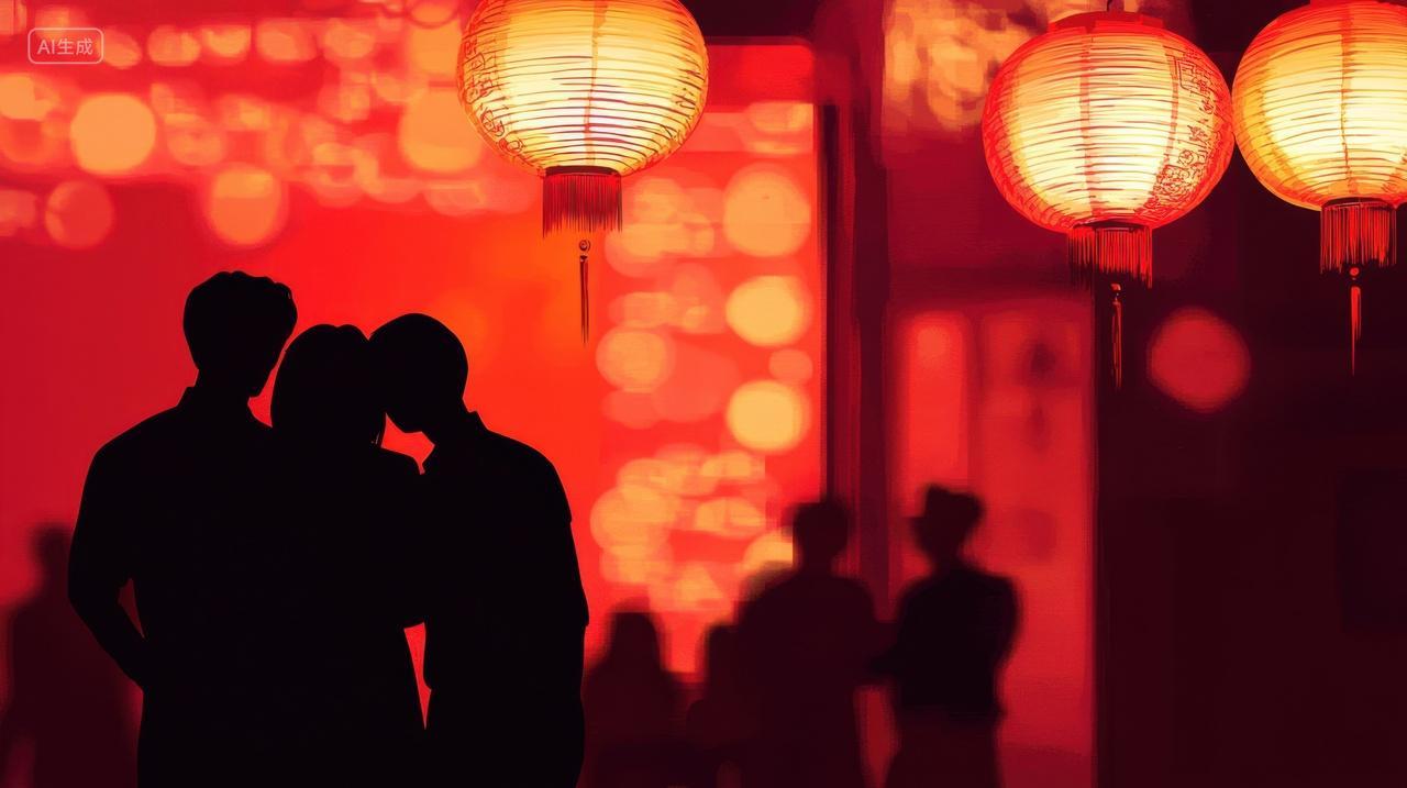 红灯笼下的行人剪影